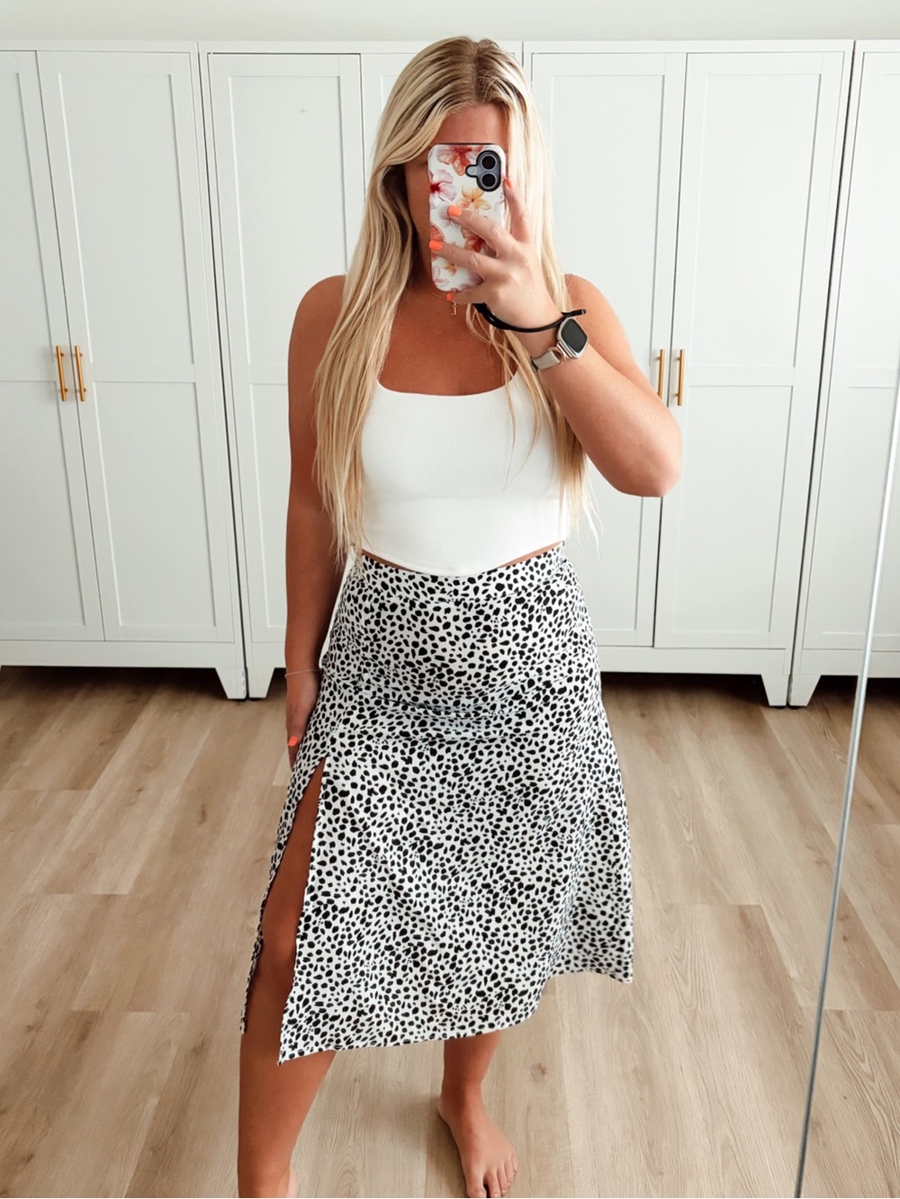 Black and white spotted leopard print high waisted side slit midi skirt